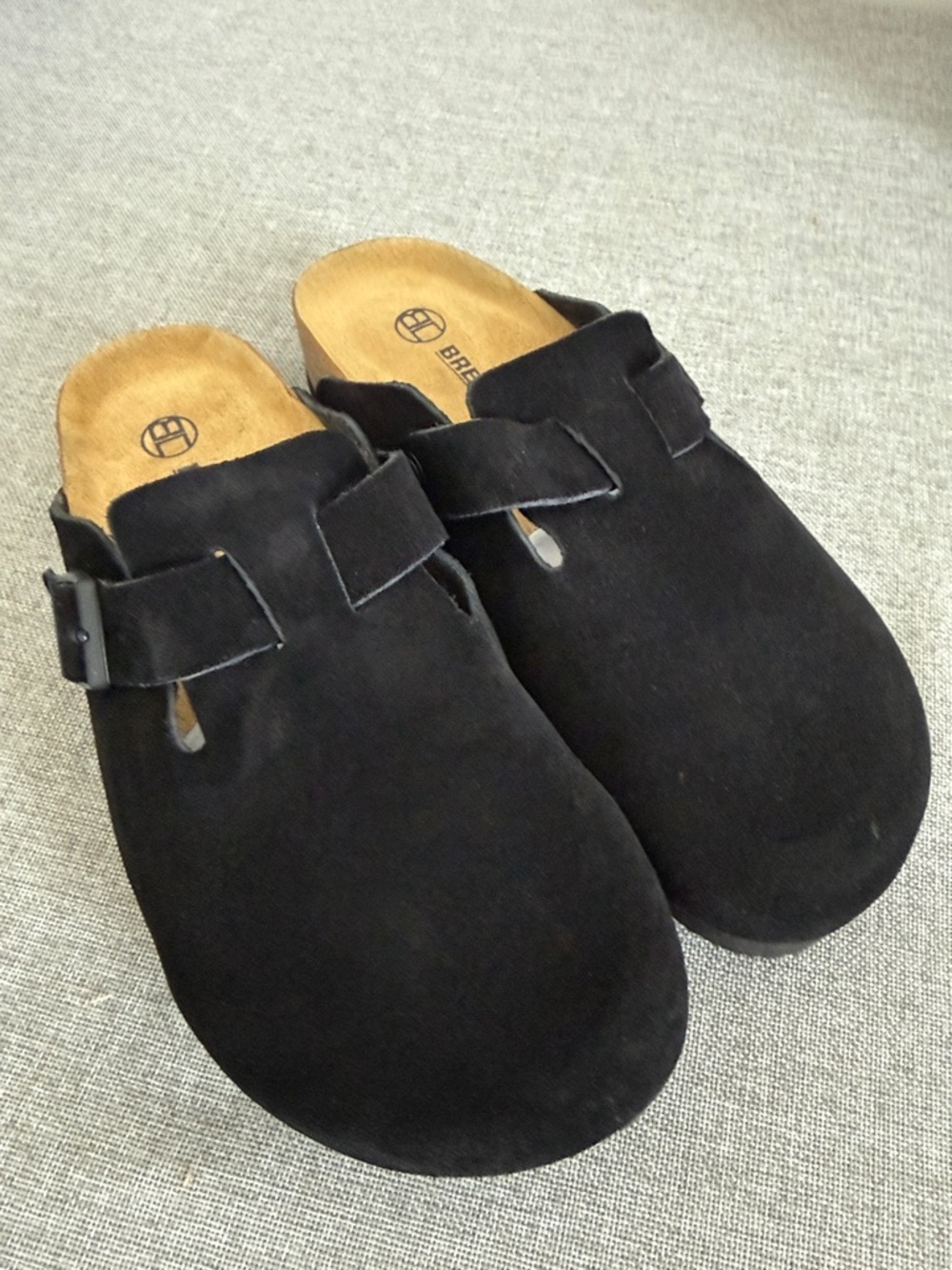 Black Suede Slip-On Clog Mule with Adjustable Strap